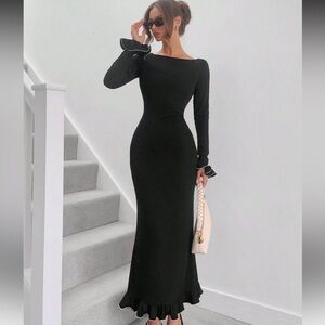 Chic Black Long Sleeve Ruffle Dress